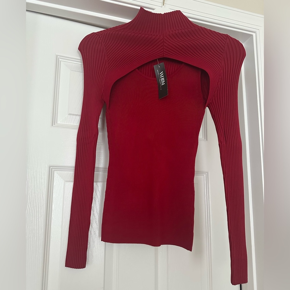 Red Ribbed Cut-Out Bodysuit Crop Top
